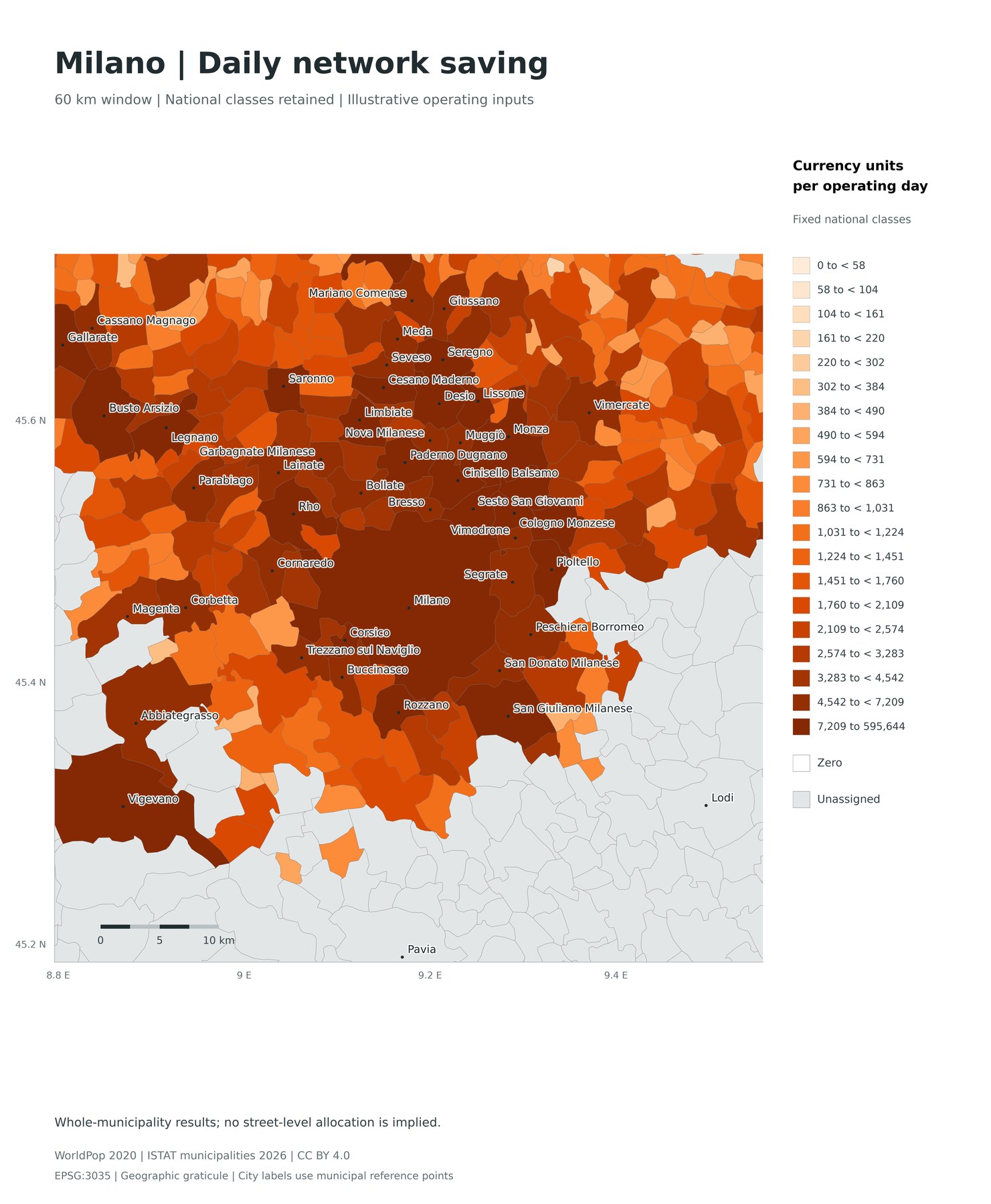 Map of modelled daily logistics savings around Milan