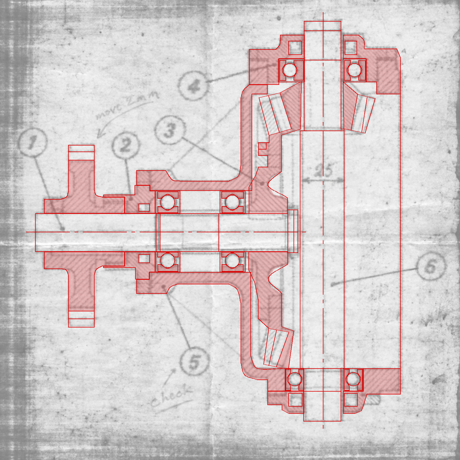 Reconstruction drawn over the original scan of drawing 03